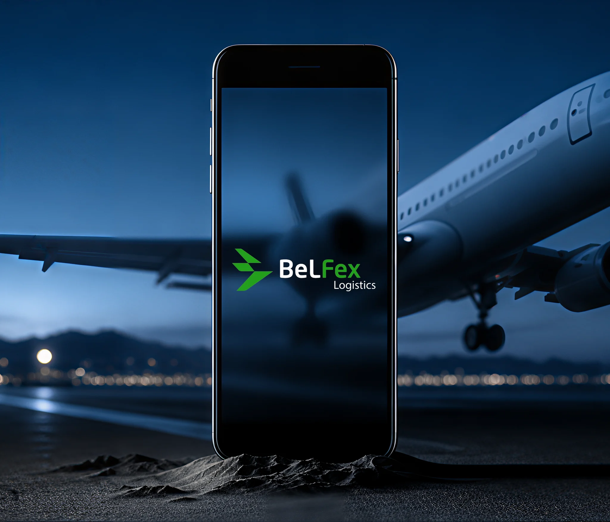 Самолёт и телефон с логотипом BelFex Logistics